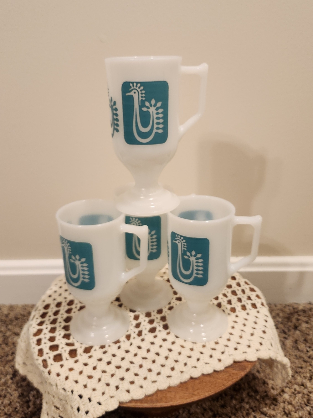 SET OF FOUR Federal Glass Danish Rooster Milk  Glass Pedestal Mugs